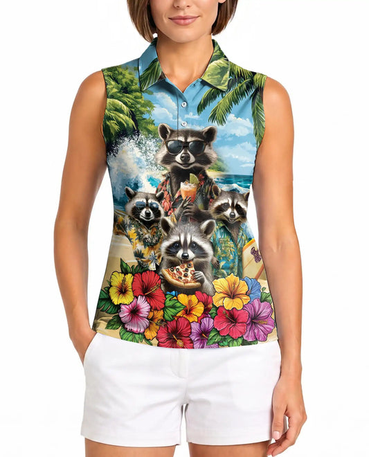 Funny Raccoon Sleeveless Polo Shirt for Women, Cute Wildlife Animal Style | Azhawaiian