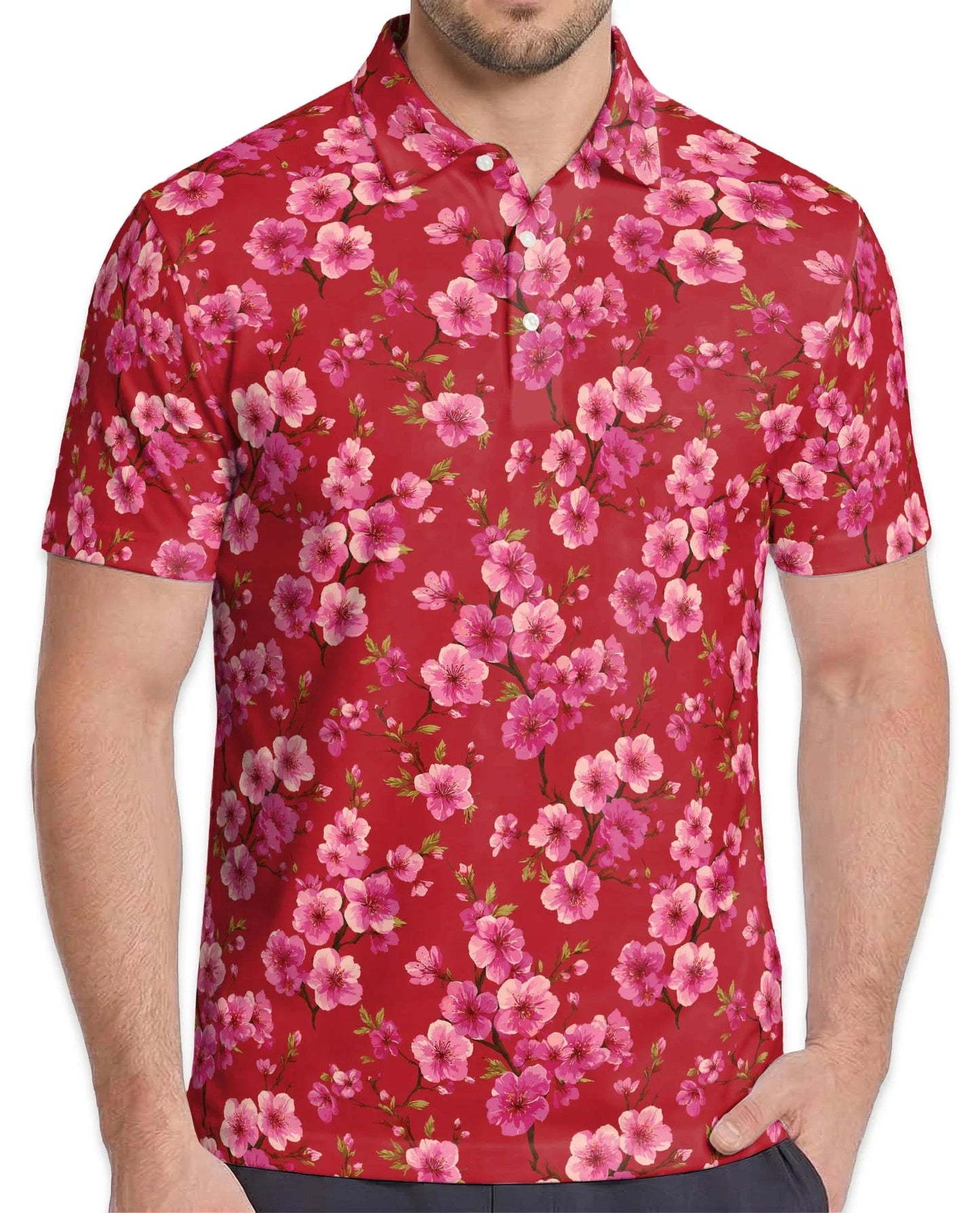 Red Cherry Blossom Polo Shirt for Men, Japanese Sakura Floral Style | Azhawaiian
