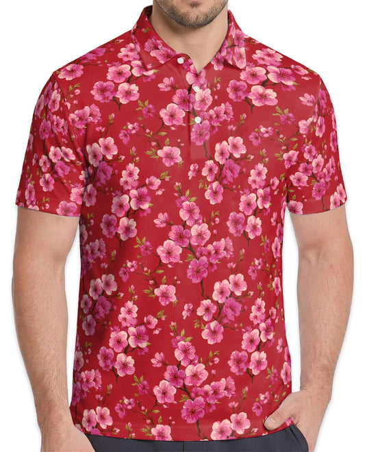 Red Cherry Blossom Polo Shirt for Men, Japanese Sakura Floral Style | Azhawaiian