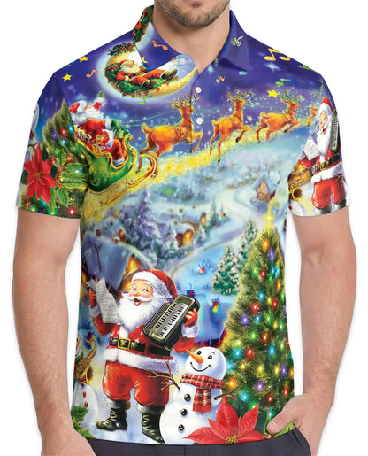 Musical Santa Christmas Polo Shirt for Men - Reindeer Sleigh Xmas | Azhawaiian