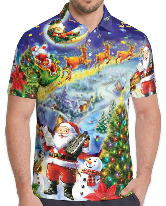 Musical Santa Christmas Polo Shirt for Men - Reindeer Sleigh Xmas | Azhawaiian