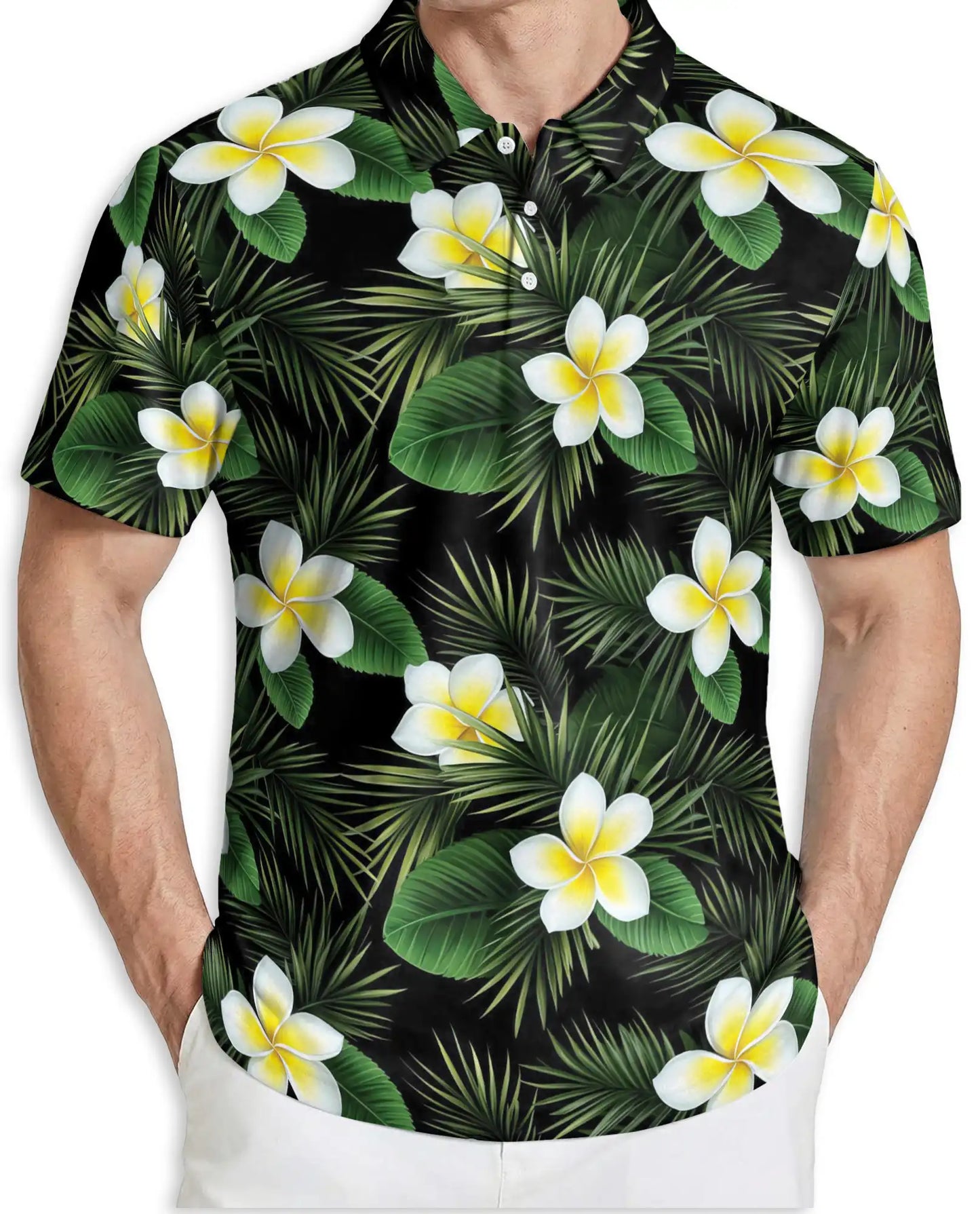 Tropical Plumeria Floral Polo Shirt for Men- Palm Leaf  Shirt | Azhawaiian