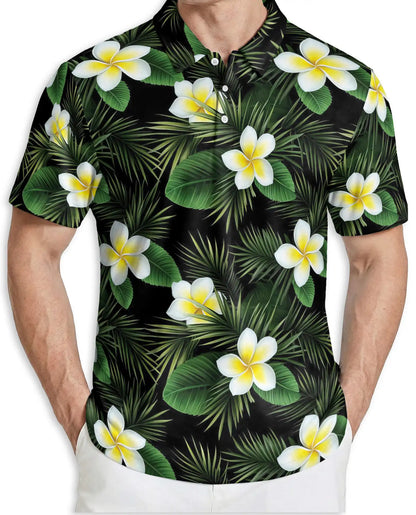 Tropical Plumeria Floral Polo Shirt for Men- Palm Leaf  Shirt | Azhawaiian