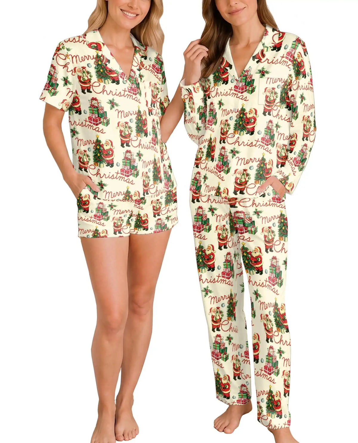 Vintage Santa Christmas Pajama Set for Women – Retro Holiday Print