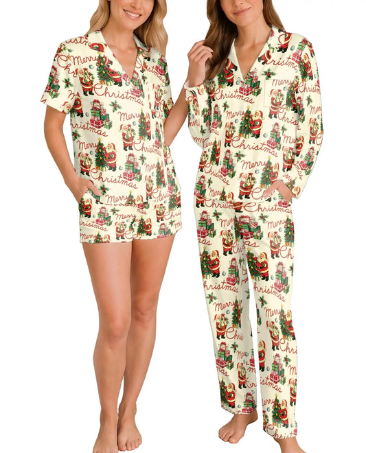 Vintage Santa Christmas Pajama Set for Women – Retro Holiday Print