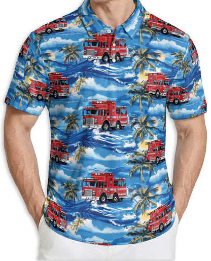 Fire Truck Polo Shirt, Tropical Ocean Print | Azhawaiian