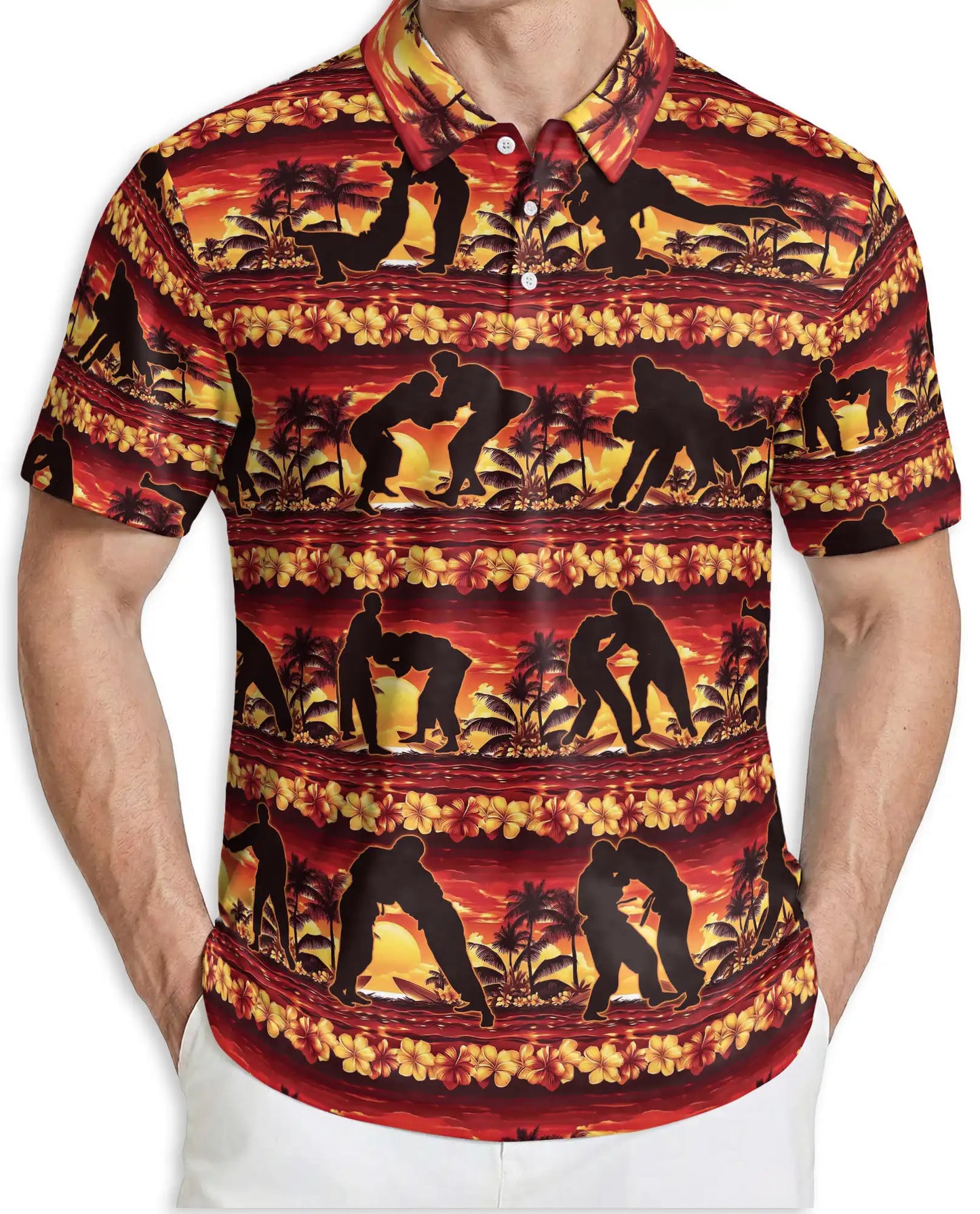 Tropical Wrestling 3D Polo Shirt for Men, Sunset Hawaiian Sports Style | Azhawaiian