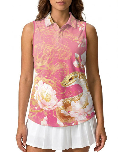 Snake and Peony Print Sleeveless Polo Shirt for Women | Azhawaiian