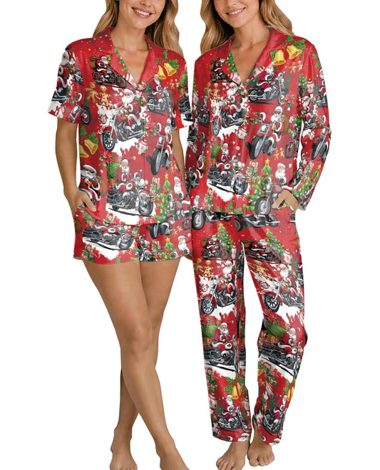 Biker Santa Christmas Pajama Set for Women – Motorcycle Print