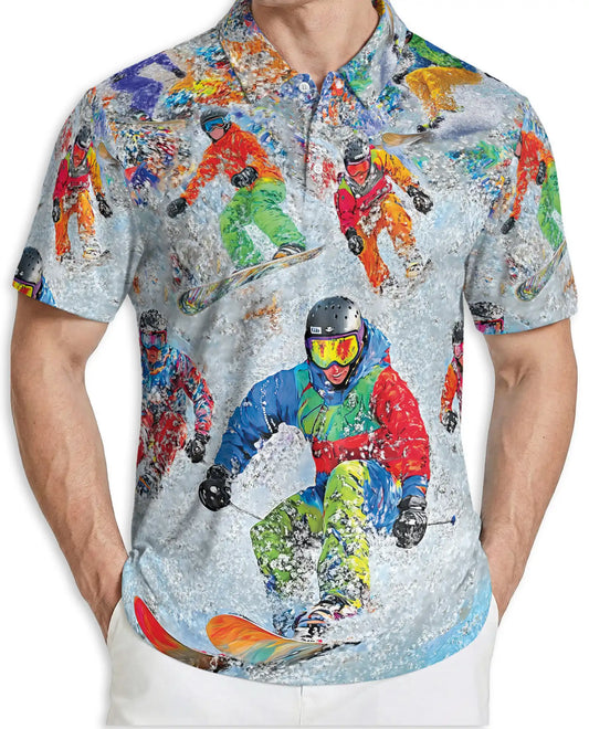 Snowboard Extreme Sports 3D Polo Shirt for Men, Colorful Winter Action Style | Azhawaiian