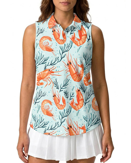 Shrimp Print Sleeveless Polo Shirt for Women | Azhawaiian