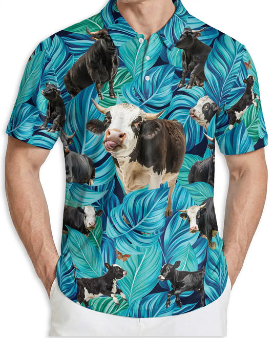 Cow Tropical 3D Polo Shirt for Men, Funny Farm Animal Leaf Style | Azhawaiian