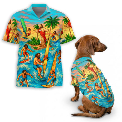 Jesus Surfing Matching Dog Owner Hawaiian Shirts, Funny Pet Aloha Shirt for Beach Vacation - Azhawaiian