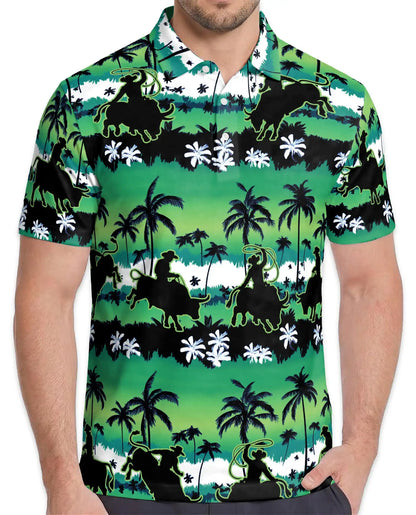 Bull Riding Polo Shirt - Tropical Rodeo Cowboy Western Design | Azhawaiian