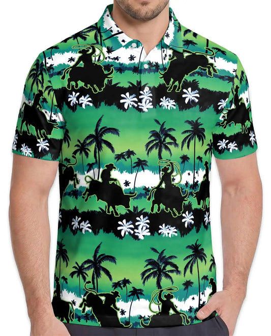 Bull Riding Polo Shirt - Tropical Rodeo Cowboy Western Design | Azhawaiian