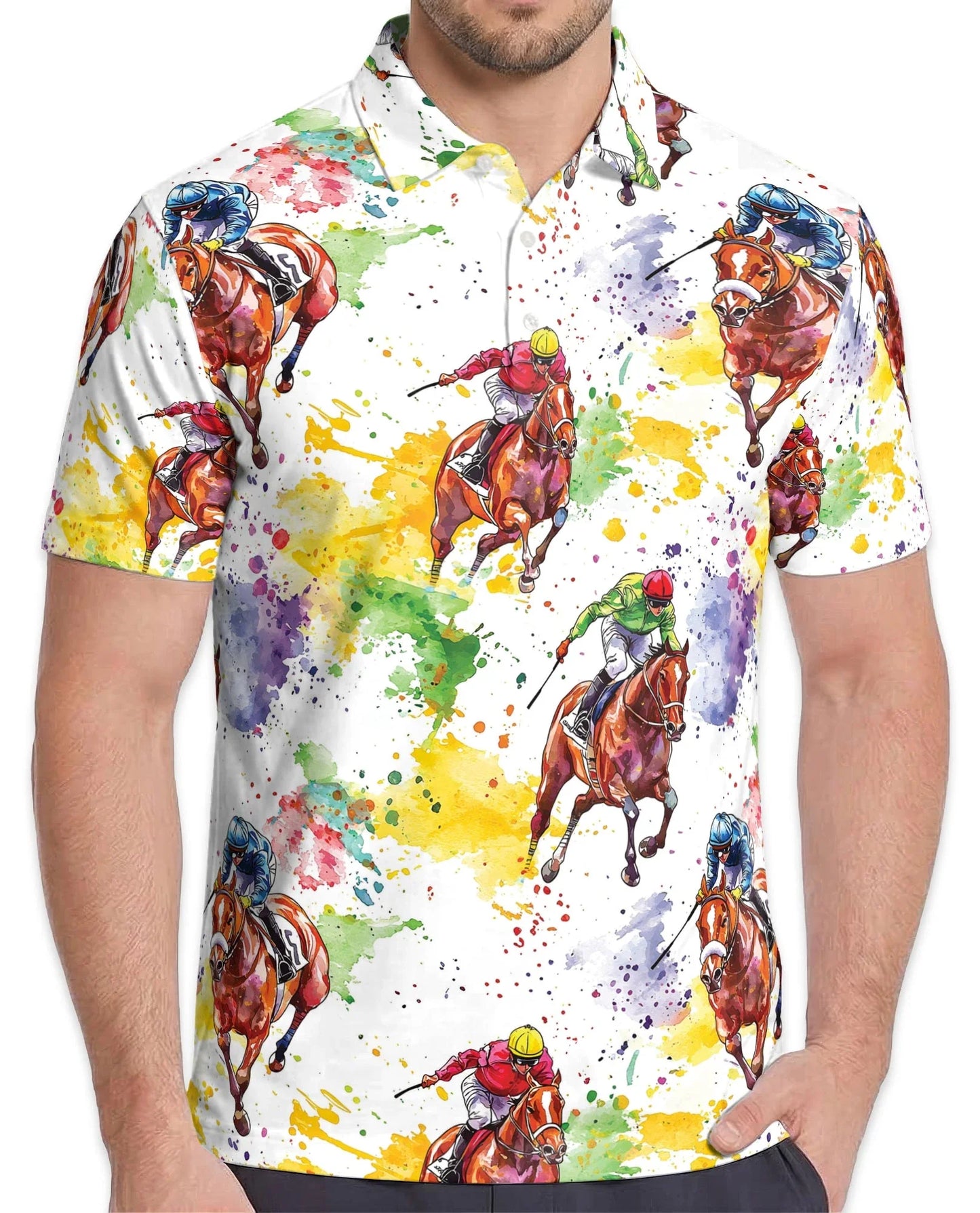Horse Racing Pattern Polo Shirt for Men, Equestrian Sport Style | Azhawaiian