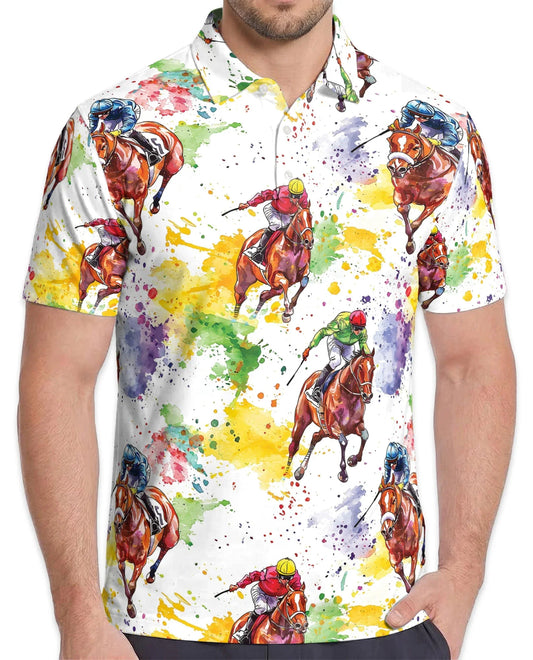 Horse Racing Pattern Polo Shirt for Men, Equestrian Sport Style | Azhawaiian