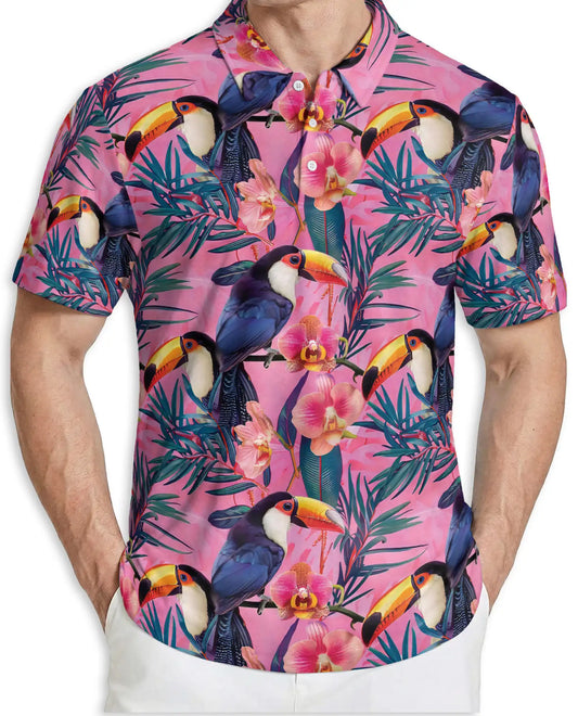Pink Tropical Toucan Polo Shirt Exotic Bird Floral Print | Azhawaiian