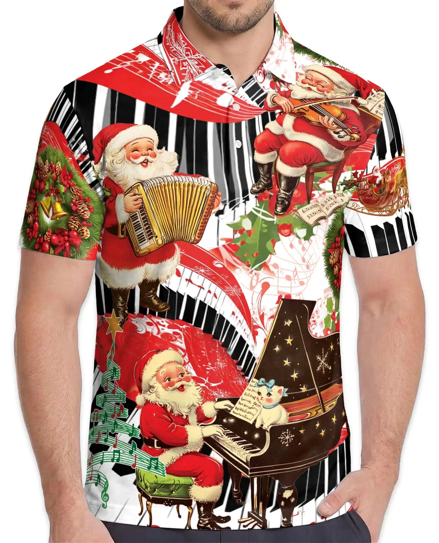 Santa Piano Music 3D Polo Shirt for Men, Christmas Holiday Musician Style | Azhawaiian