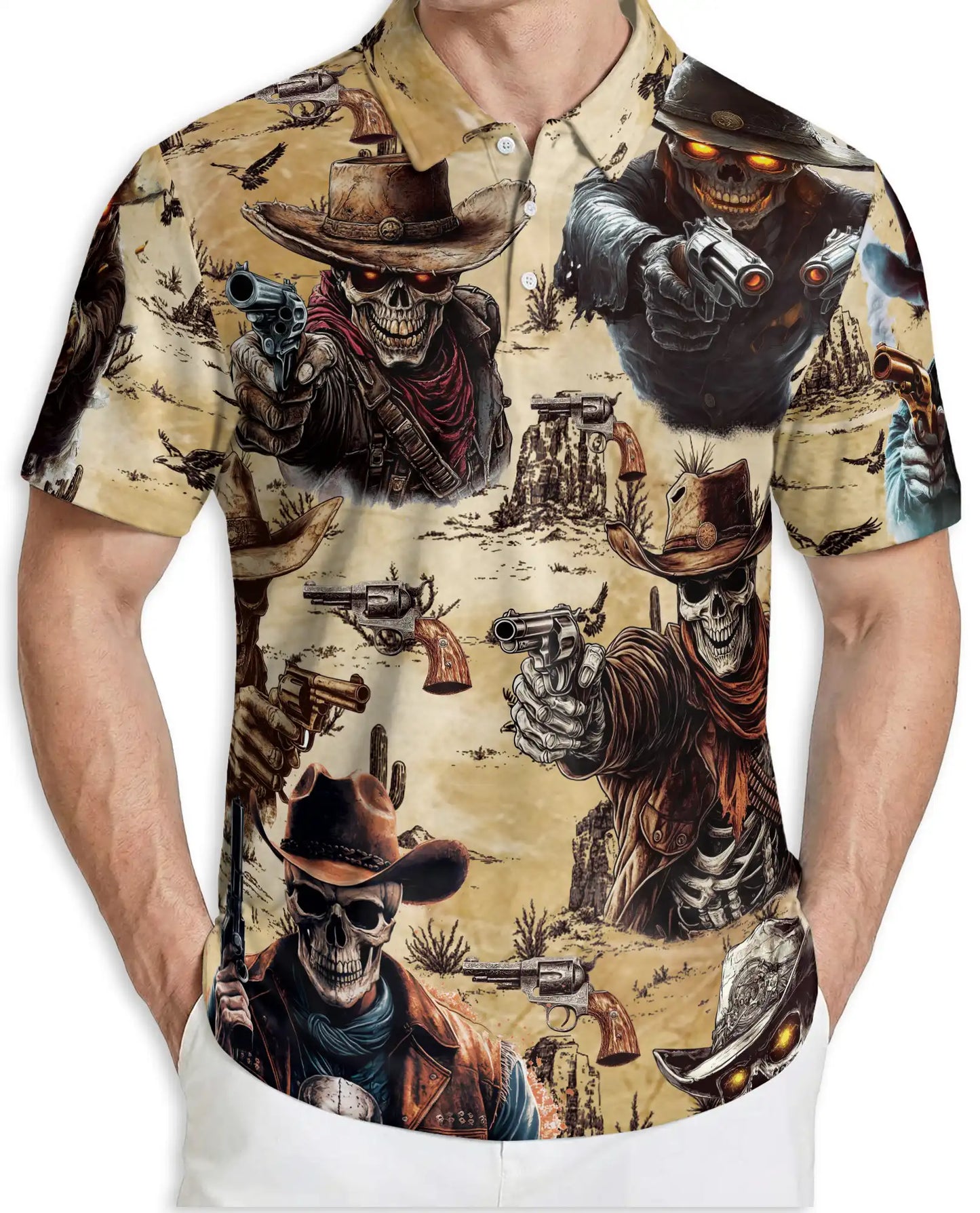 Skeleton Cowboy Gunslinger Polo Shirt Wild West Skull Western Outlaw Design | Azhawaiian