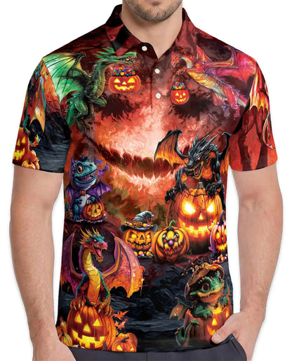 Halloween Dragon Polo Shirt for Men, Spooky Pumpkin Fire Style | Azhawaiian