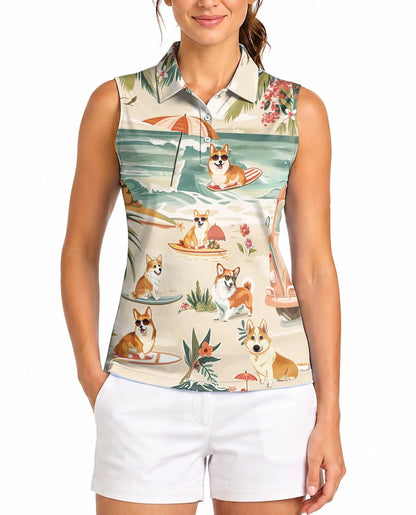 Corgi Summer Beach Sleeveless Polo Shirt for Women | Azhawaiian