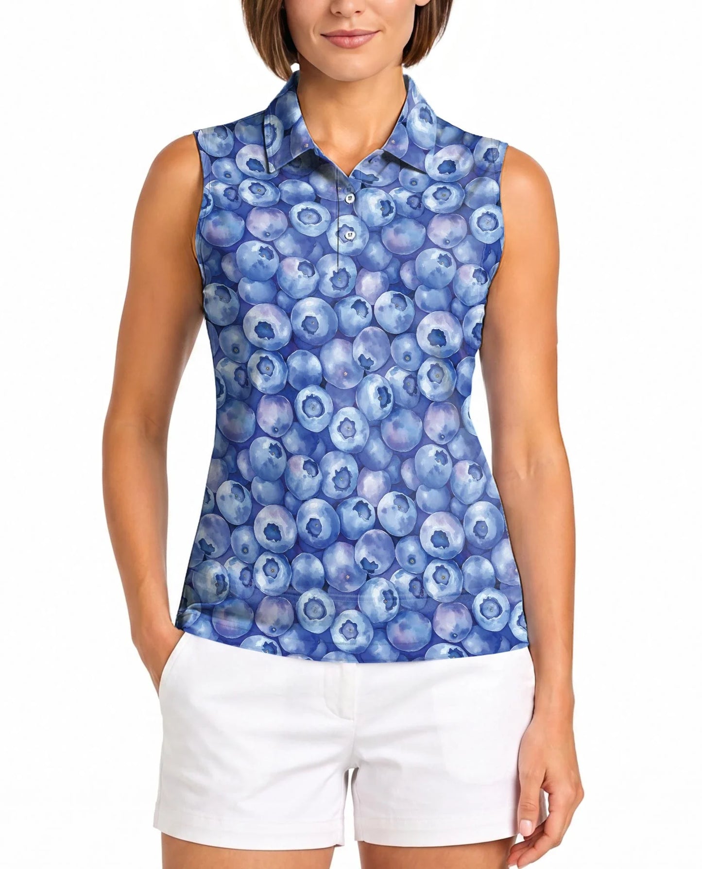 Blueberry Pattern Sleeveless Polo Shirt for Women, Fresh Fruit Summer Style | Azhawaiian