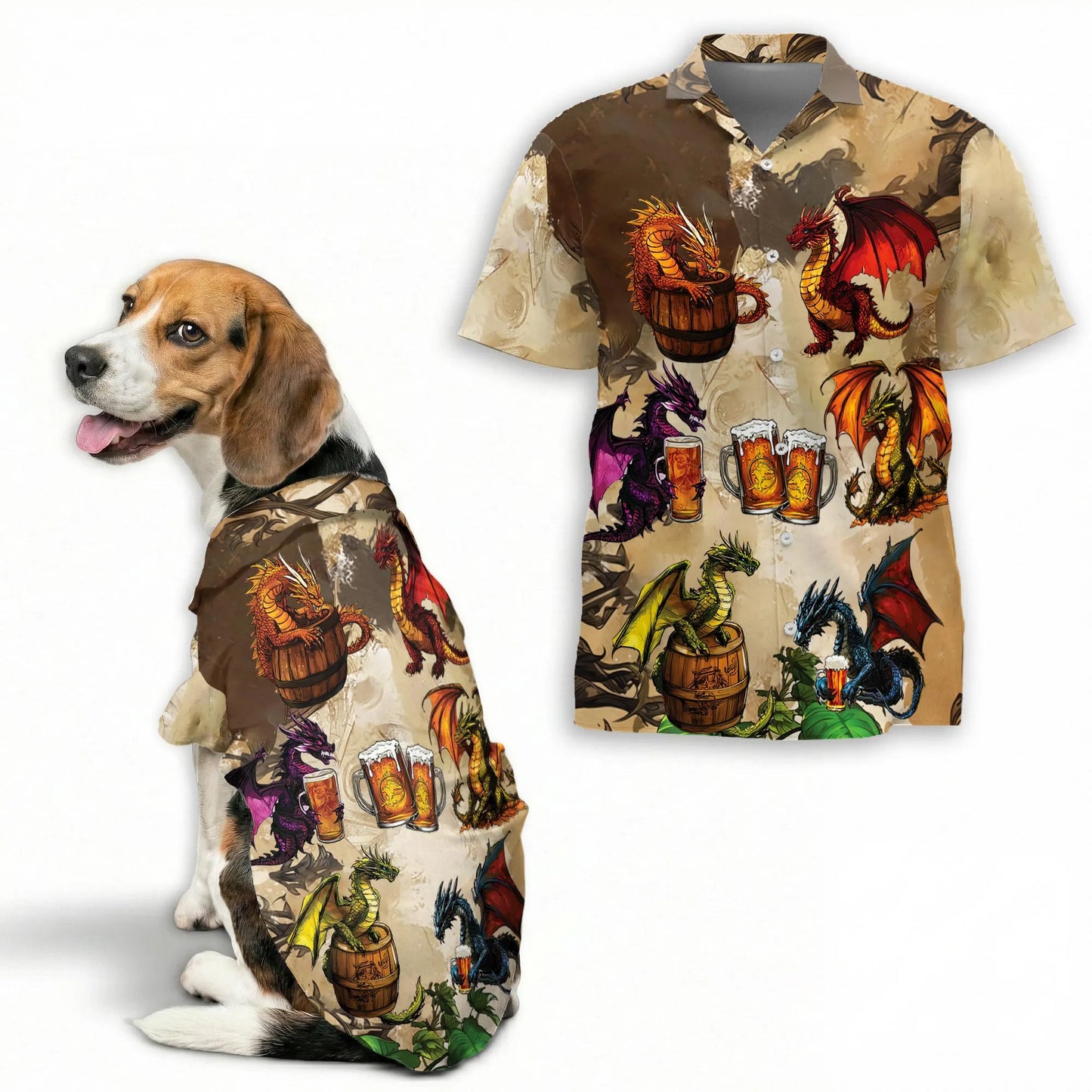 Dragon Drinks Beer Fantasy Matching Dog Owner Hawaiian Shirts, Funny Pet Aloha Shirt for Beach Vacation - Azhawaiian