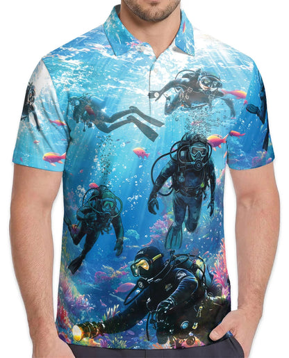 Blue Scuba Diving Coral Reef Polo Shirt for Men, Ocean Adventure Style | Azhawaiian