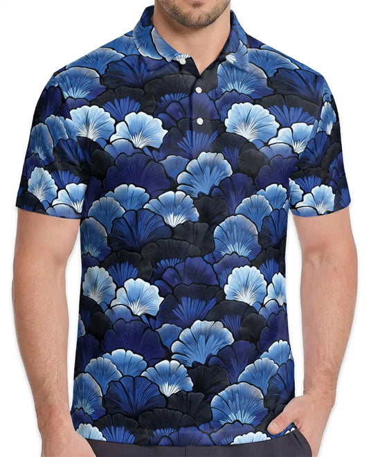 Blue Ginkgo Polo Shirt for Men, Elegant Botanical Style | Azhawaiian