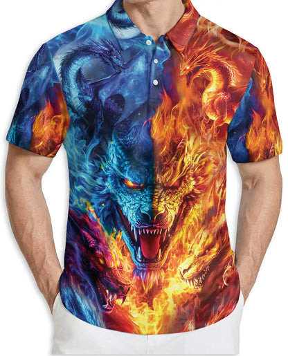 Fire and Ice Dragon 3D Polo Shirt for Men, Fantasy Mythical Beast Style | Azhawaiian