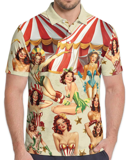 Circus Girls Polo Shirt for Men, Vintage Carnival Art Style | Azhawaiian