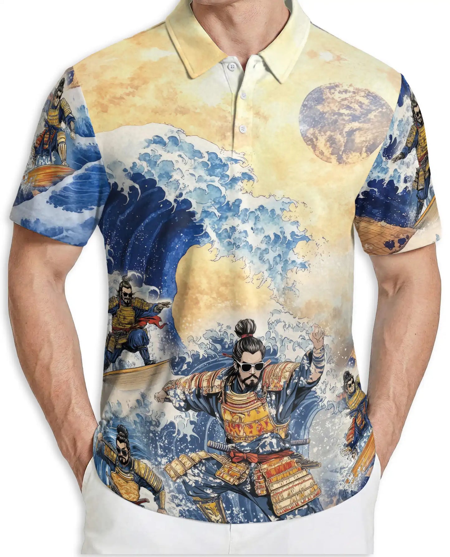 Japanese Samurai Wave 3D Polo Shirt for Men, Great Ocean Warrior Art Style | Azhawaiian