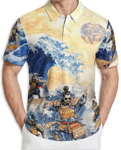 Japanese Samurai Wave 3D Polo Shirt for Men, Great Ocean Warrior Art Style | Azhawaiian