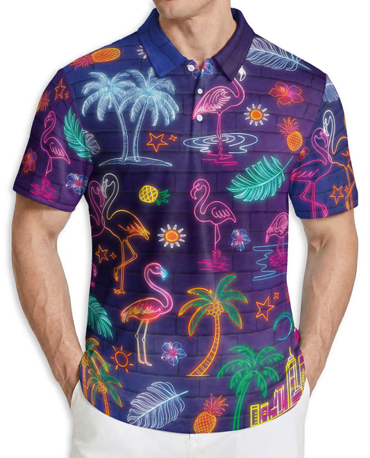 Neon Flamingo Polo Shirt, Tropical Night Print | Azhawaiian