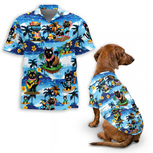 Black Cat Beach Matching Dog Owner Hawaiian Shirts, Funny Pet Aloha Shirt for Beach Vacation - Azhawaiian