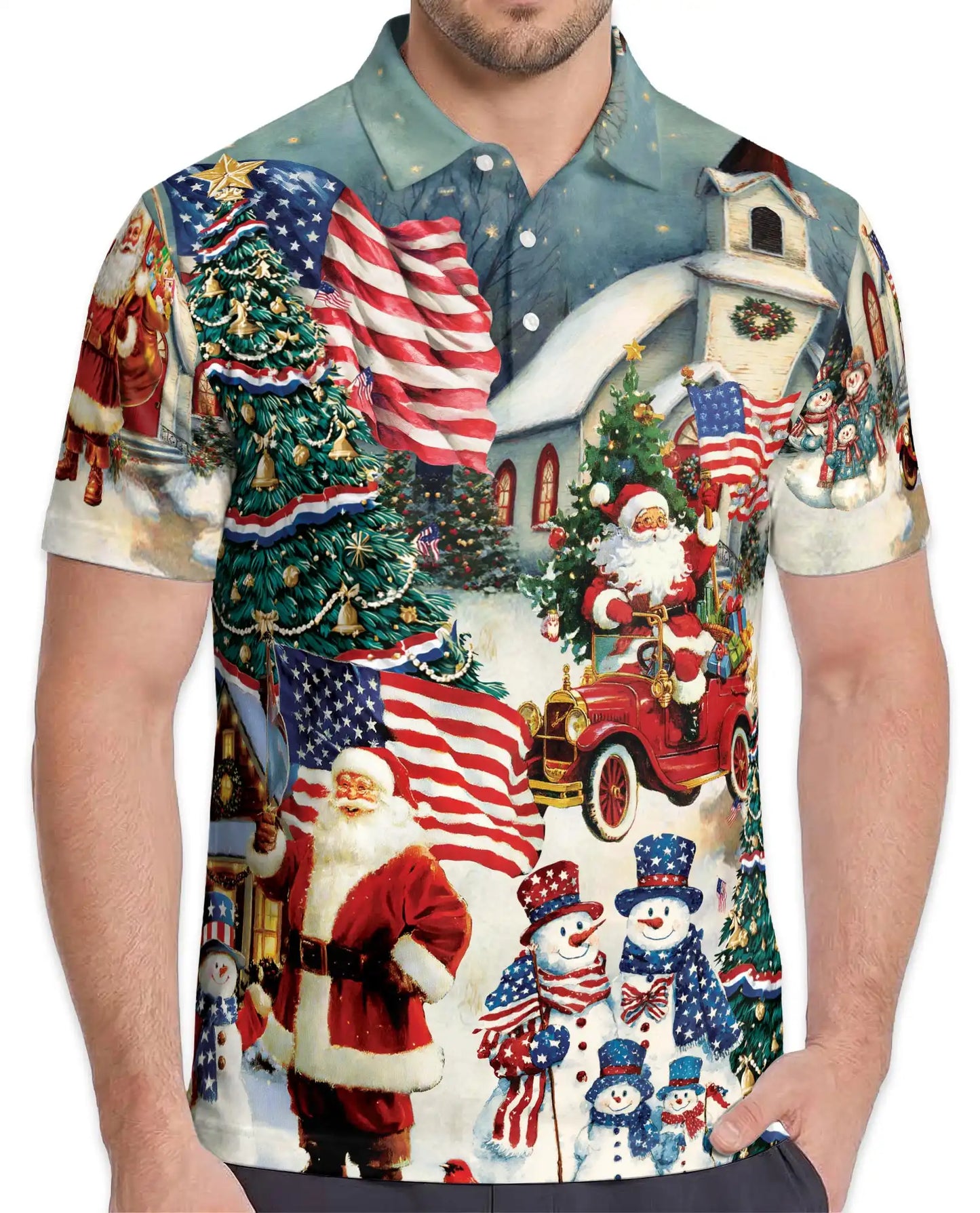 Patriotic Christmas Polo Shirt, Santa and American Flag Print | Azhawaiian