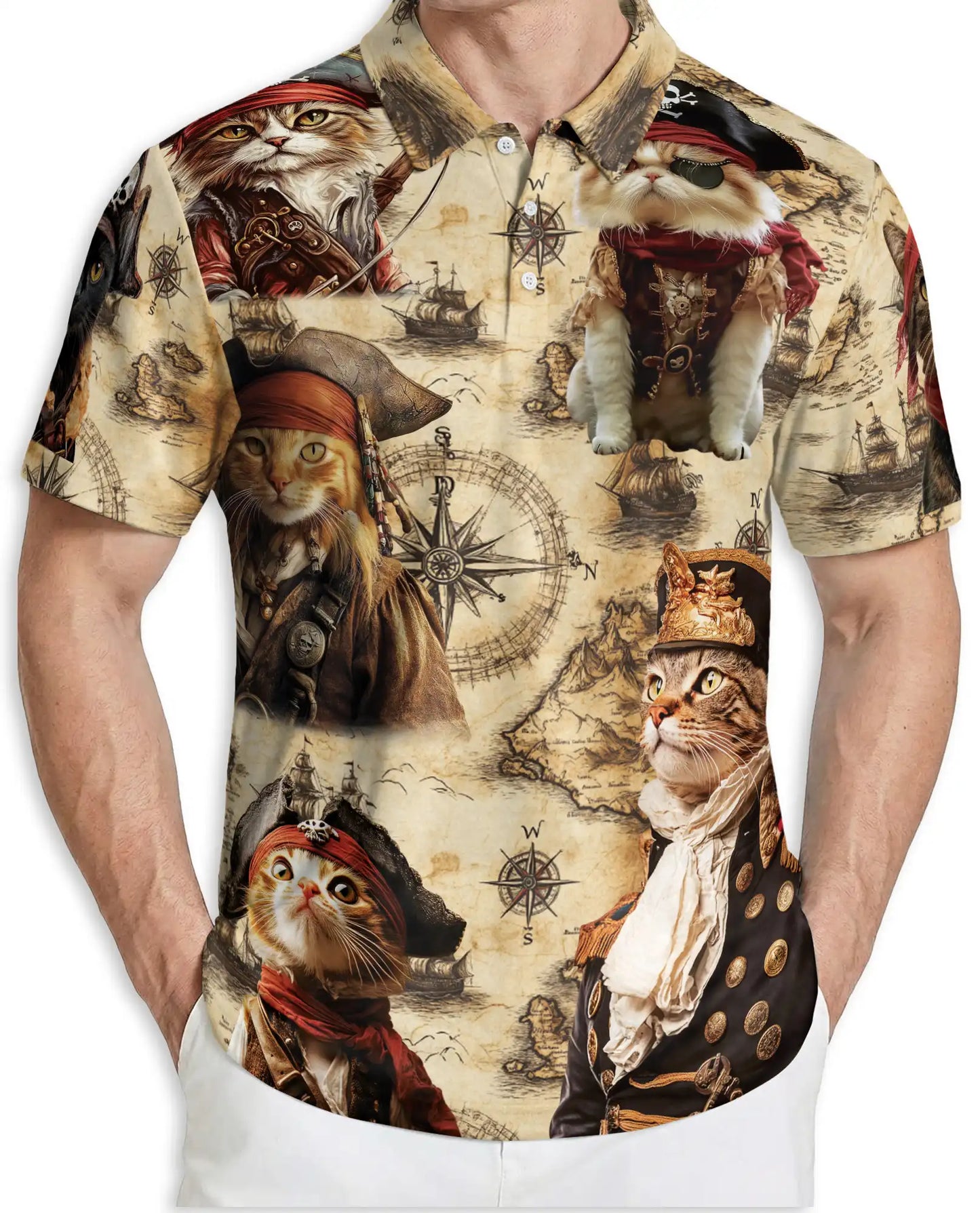 Pirate Cat 3D Polo Shirt for Men, Vintage Nautical Adventure Style | Azhawaiian