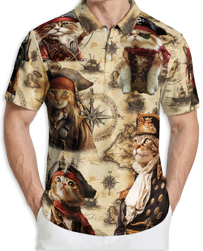 Pirate Cat 3D Polo Shirt for Men, Vintage Nautical Adventure Style | Azhawaiian