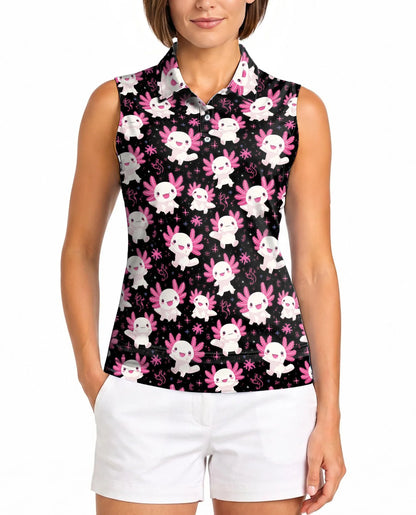 Axolotl Pattern Sleeveless Polo Shirt for Women, Cute Aquatic Animal Style | Azhawaiian