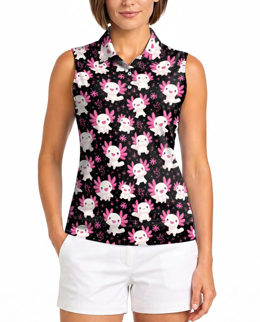 Axolotl Pattern Sleeveless Polo Shirt for Women, Cute Aquatic Animal Style | Azhawaiian