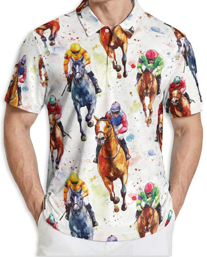 Watercolor Horse Racing 3D Polo Shirt for Men, Jockey Derby Sports Style | Azhawaiian