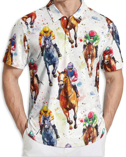 Watercolor Horse Racing 3D Polo Shirt for Men, Jockey Derby Sports Style | Azhawaiian