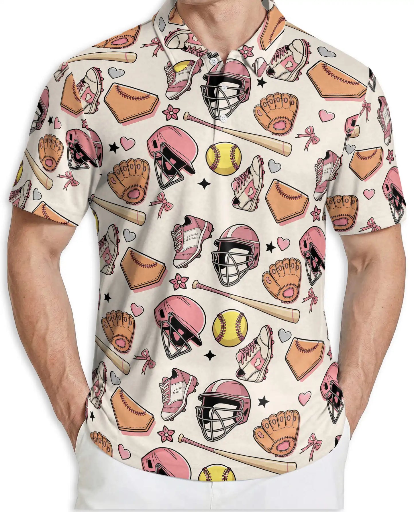 Pink Softball Polo Shirt for Men- Softball Fastpitch Pattern | Azhawaiian