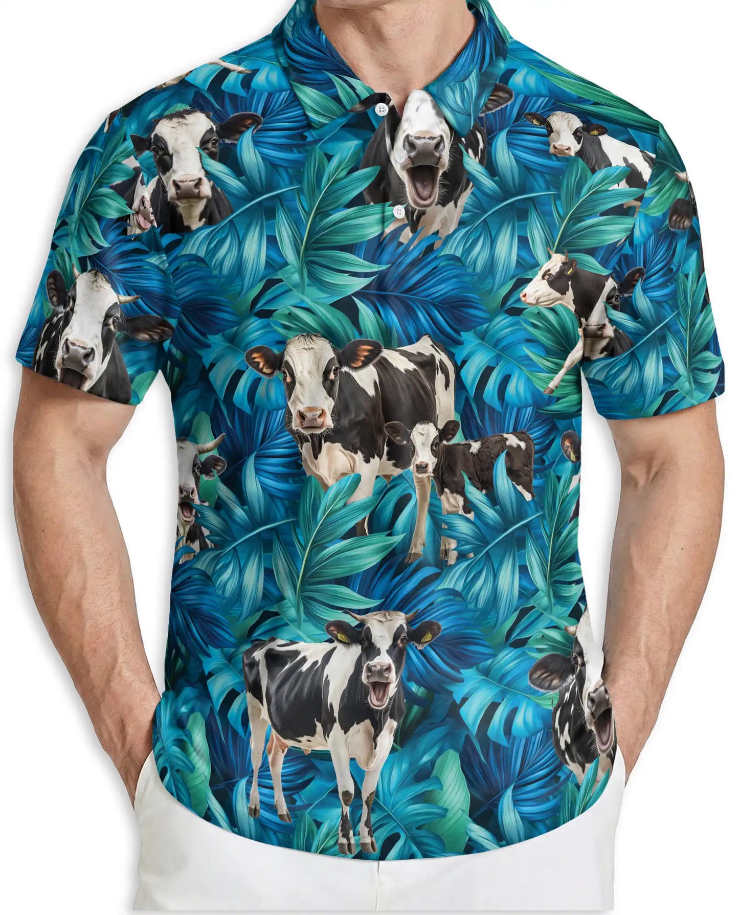 Cow Tropical Leaf 3D Polo Shirt for Men, Farm Animal Hawaiian Style | Azhawaiian