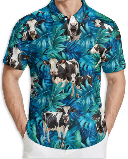 Cow Tropical Leaf 3D Polo Shirt for Men, Farm Animal Hawaiian Style | Azhawaiian