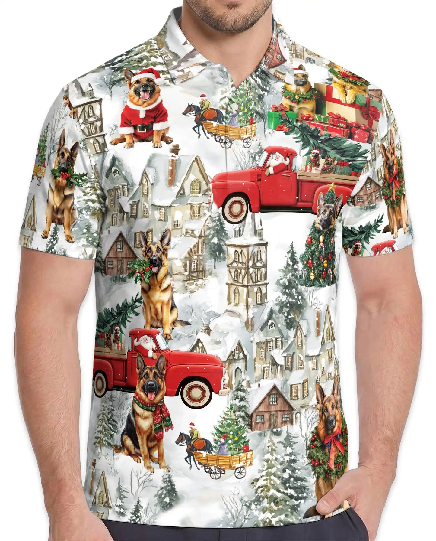 German Shepherd Christmas Polo Shirt, Winter Village Print | Azhawaiian