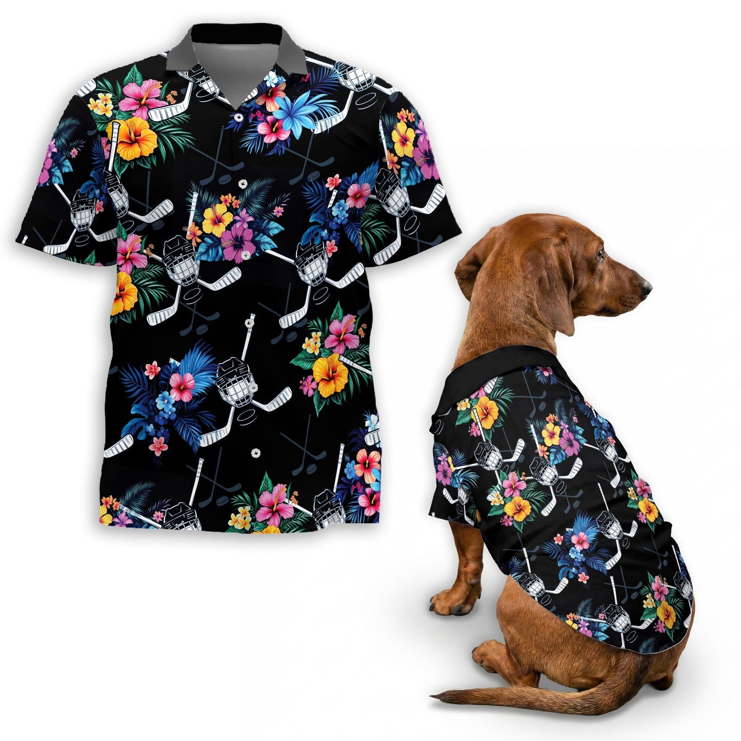 Tropical Hockey Matching Dog Owner Hawaiian Shirts, Funny Pet Aloha Shirt for Beach Vacation - Azhawaiian