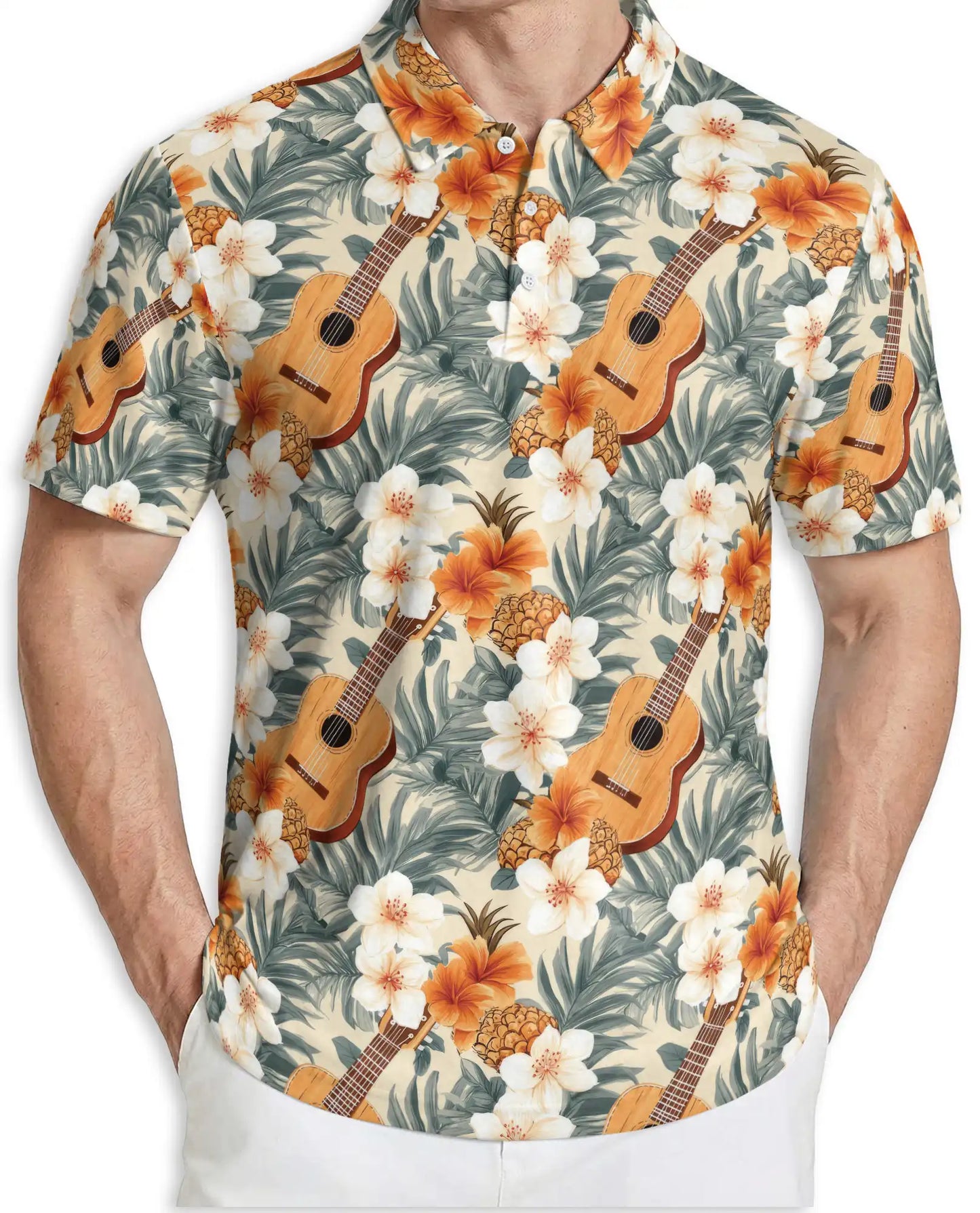 Tropical Ukulele Polo Shirt for Men-Print Hibiscus Pineapple | Azhawaiian