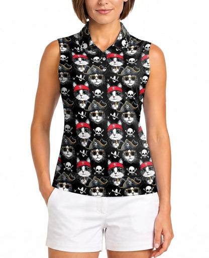 Pirate Cat Sleeveless Polo Shirt for Women | Azhawaiian